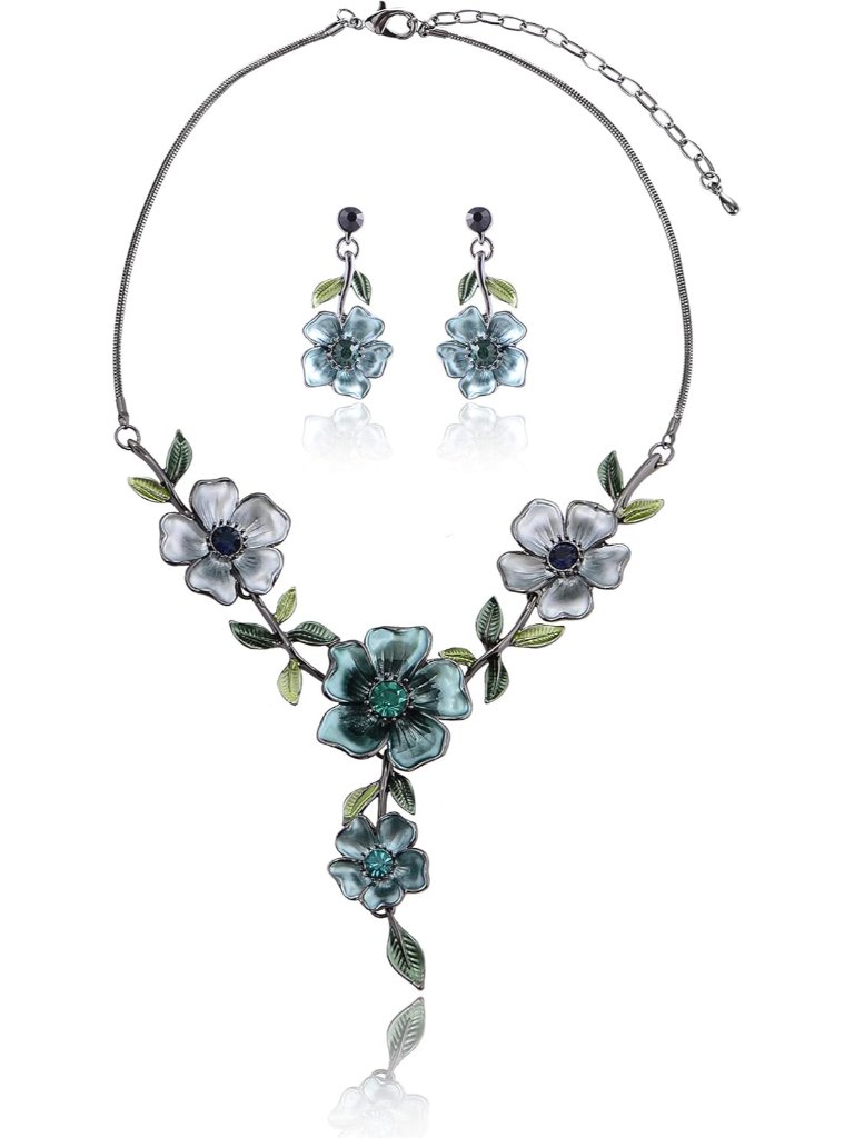Vintage Statement Jewelry Set - Spring Leaf Flower Floral Plant Necklace Earring